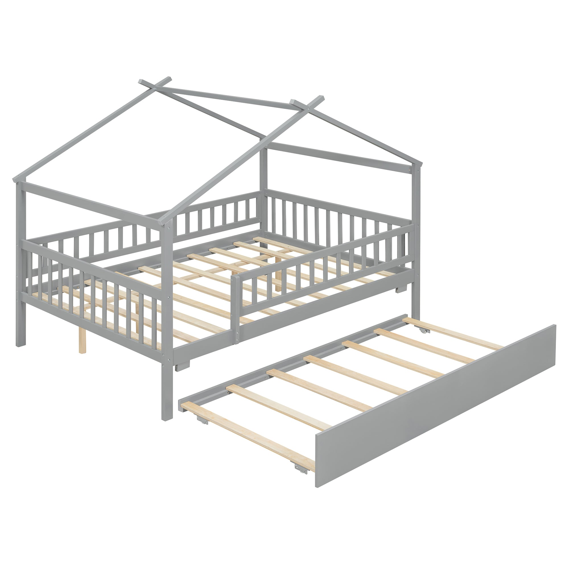 Wooden house-style bed frame with pull-out trundle drawer and slatted support from Start2Finish, showcasing the bed&