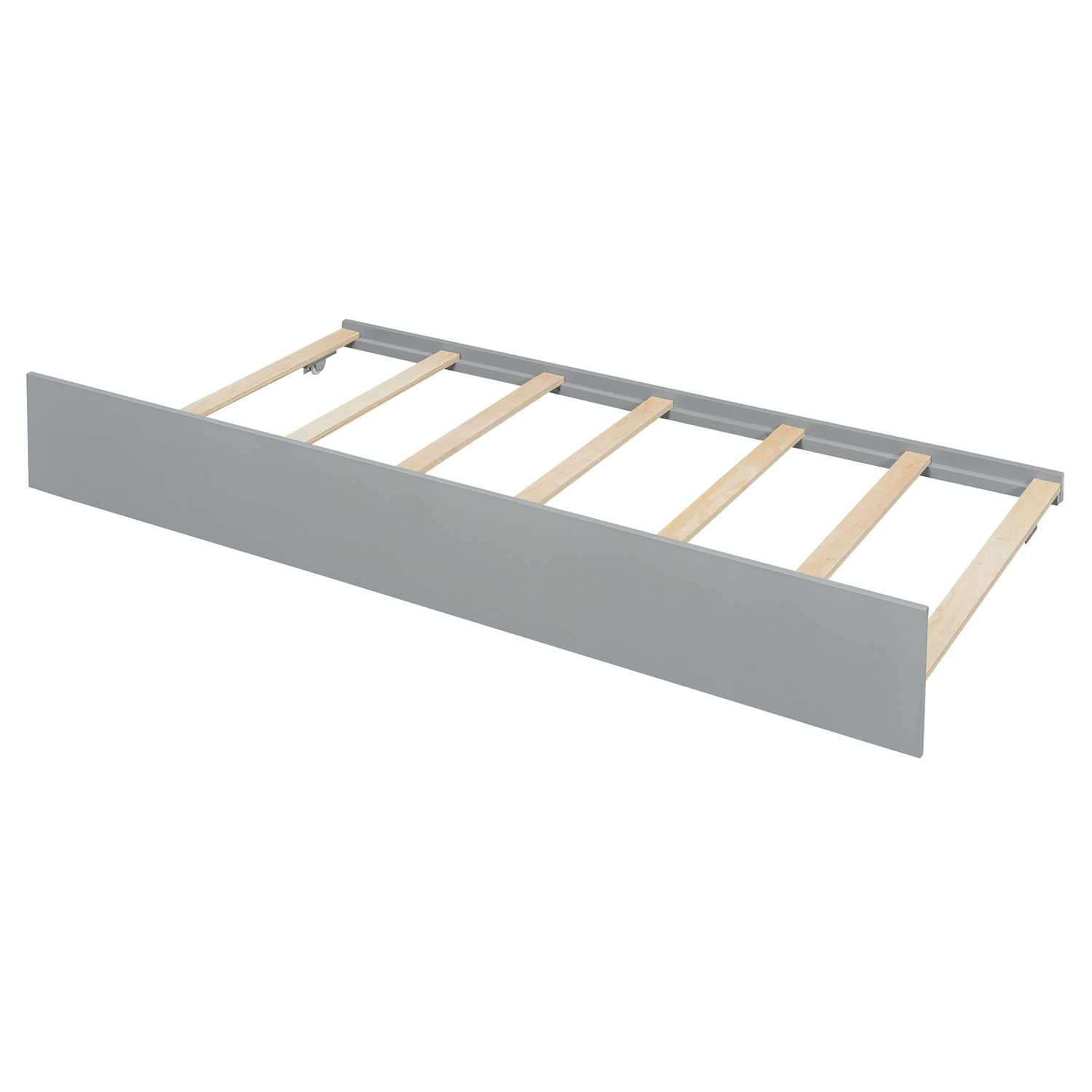 Start2Finish wooden house-style bed frame with pull-out trundle drawer and slatted support in natural wood finish.