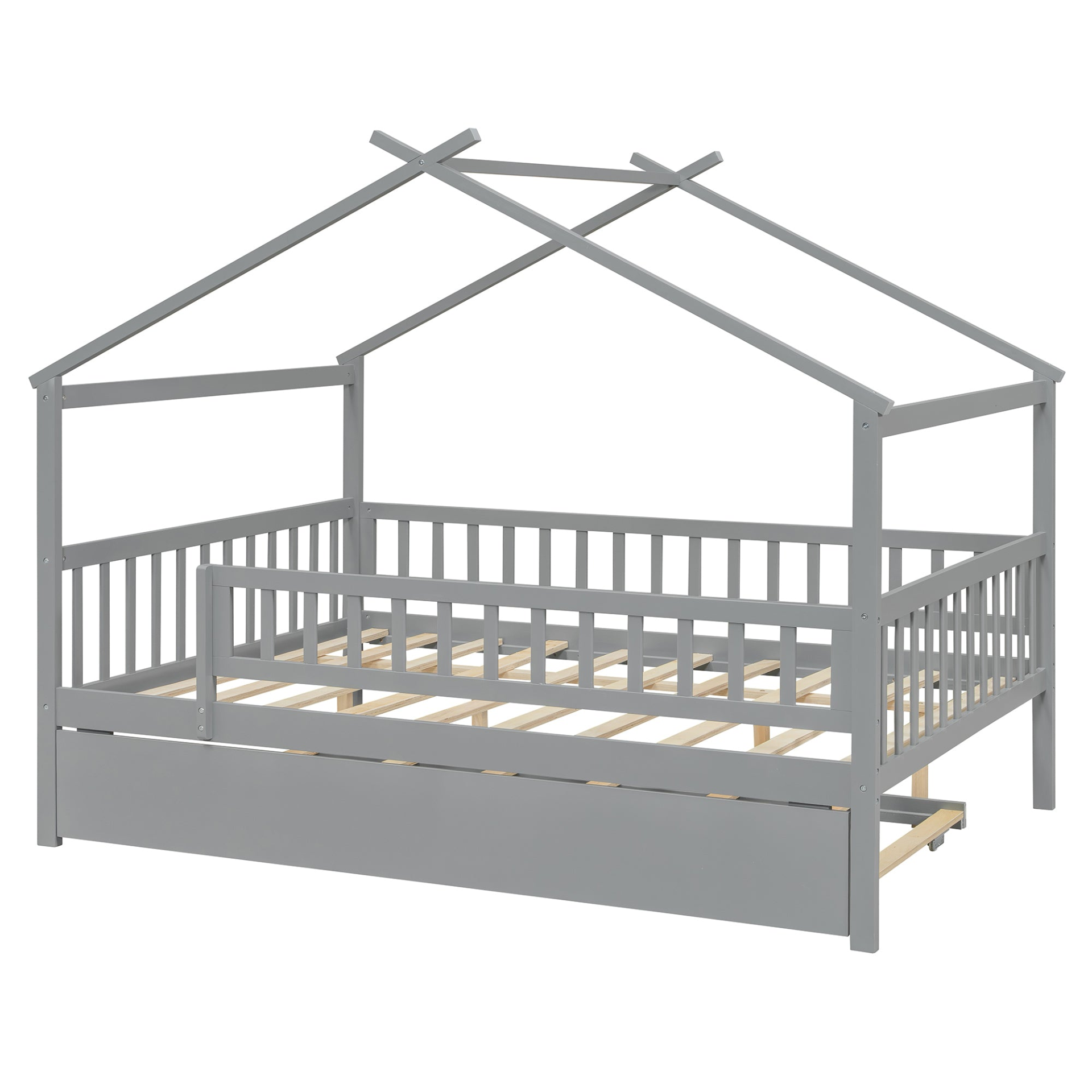 Start2Finish wooden house-style bed frame with pull-out trundle drawer and slatted support, shown in a cozy bedroom setting.