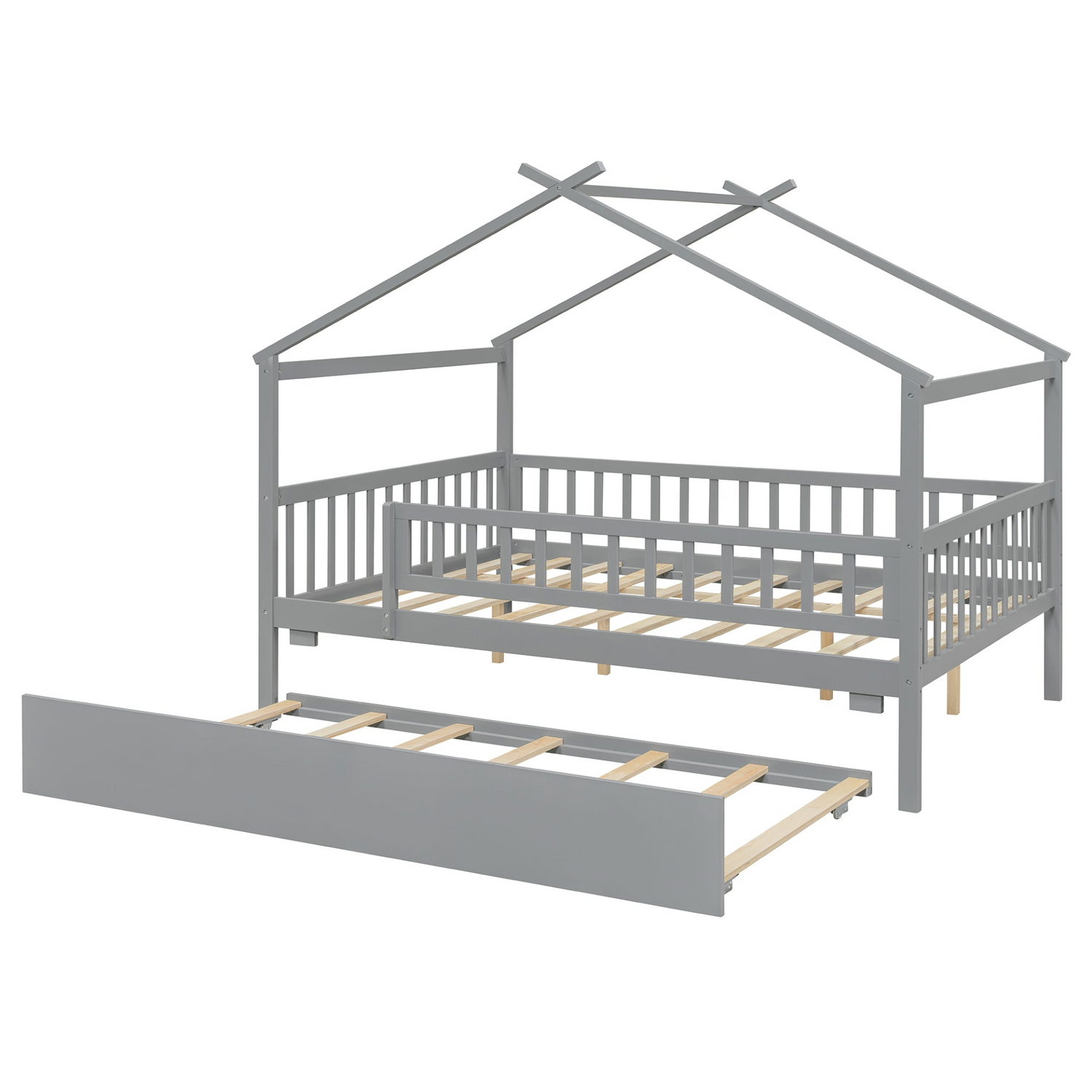 Wooden house-style bed frame by Start2Finish with pull-out trundle drawer and slatted support for a cozy bedroom look.