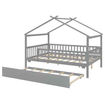 Wooden house-style bed frame by Start2Finish with pull-out trundle drawer and slatted support for a cozy bedroom look.