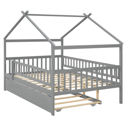 Wooden house-style bed frame with pull-out trundle drawer and slatted support by Start2Finish, showing the bed structure and wooden finish.