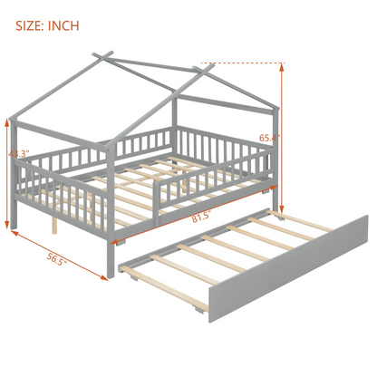 Wooden house-style bed frame with pull-out trundle drawer and slatted support, designed by Start2Finish, shown in natural wood finish.