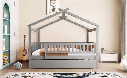 Start2Finish wooden house-style bed frame with pull-out trundle drawer and slatted support for versatile sleeping arrangements.