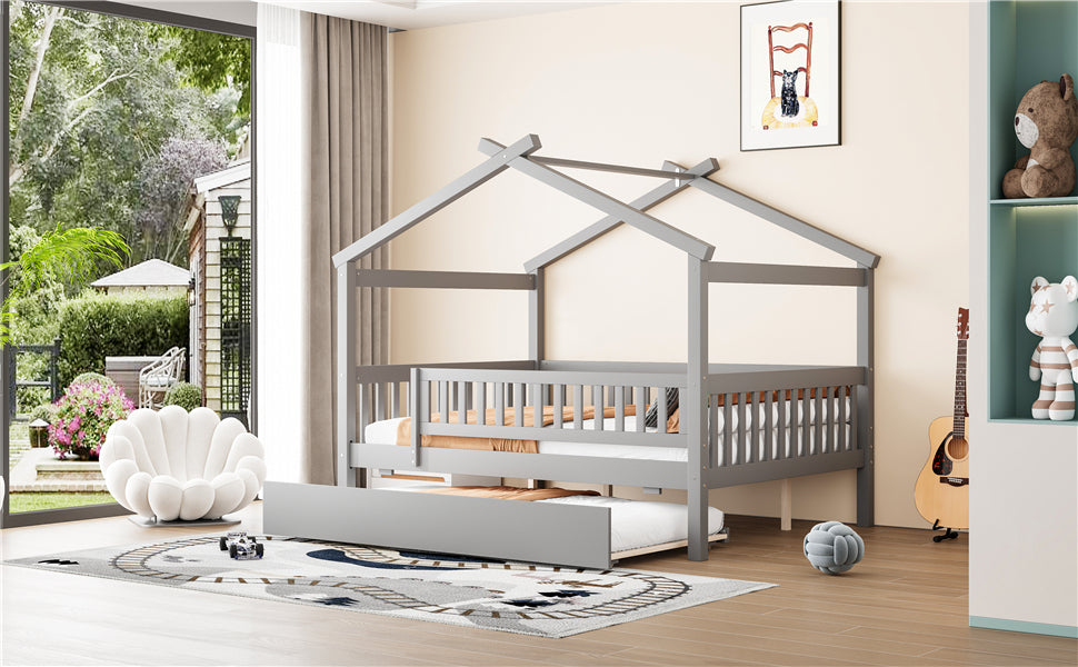 Wooden house-style bed frame with pull-out trundle drawer and slatted support, by Start2Finish, shown in natural wood finish.