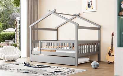 Wooden house-style bed frame with pull-out trundle drawer and slatted support from Start2Finish, showcasing the cozy design and sturdy construction.