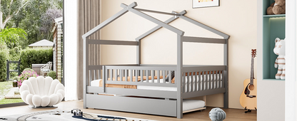 Wooden house-style bed frame with pull-out trundle drawer and slatted support, by Start2Finish, shown with mattress and bedding.