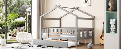 Wooden house-style bed frame with pull-out trundle drawer and slatted support, by Start2Finish, shown with mattress and bedding.