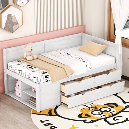 Twin size Start2Finish daybed with built-in drawers and shelves, featuring integrated storage and modern design.