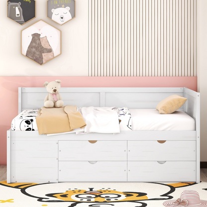 Start2Finish twin size daybed with built-in drawers and shelves, featuring integrated storage and shelving for bedroom organization.