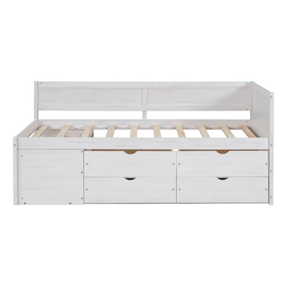 Start2Finish twin size daybed with built-in drawers and shelves, featuring integrated storage and modern design.