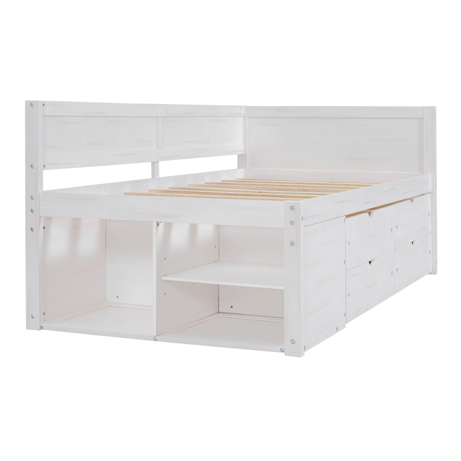 Twin size Start2Finish daybed with drawers and shelves, featuring built-in storage and shelving for versatile bedroom use.