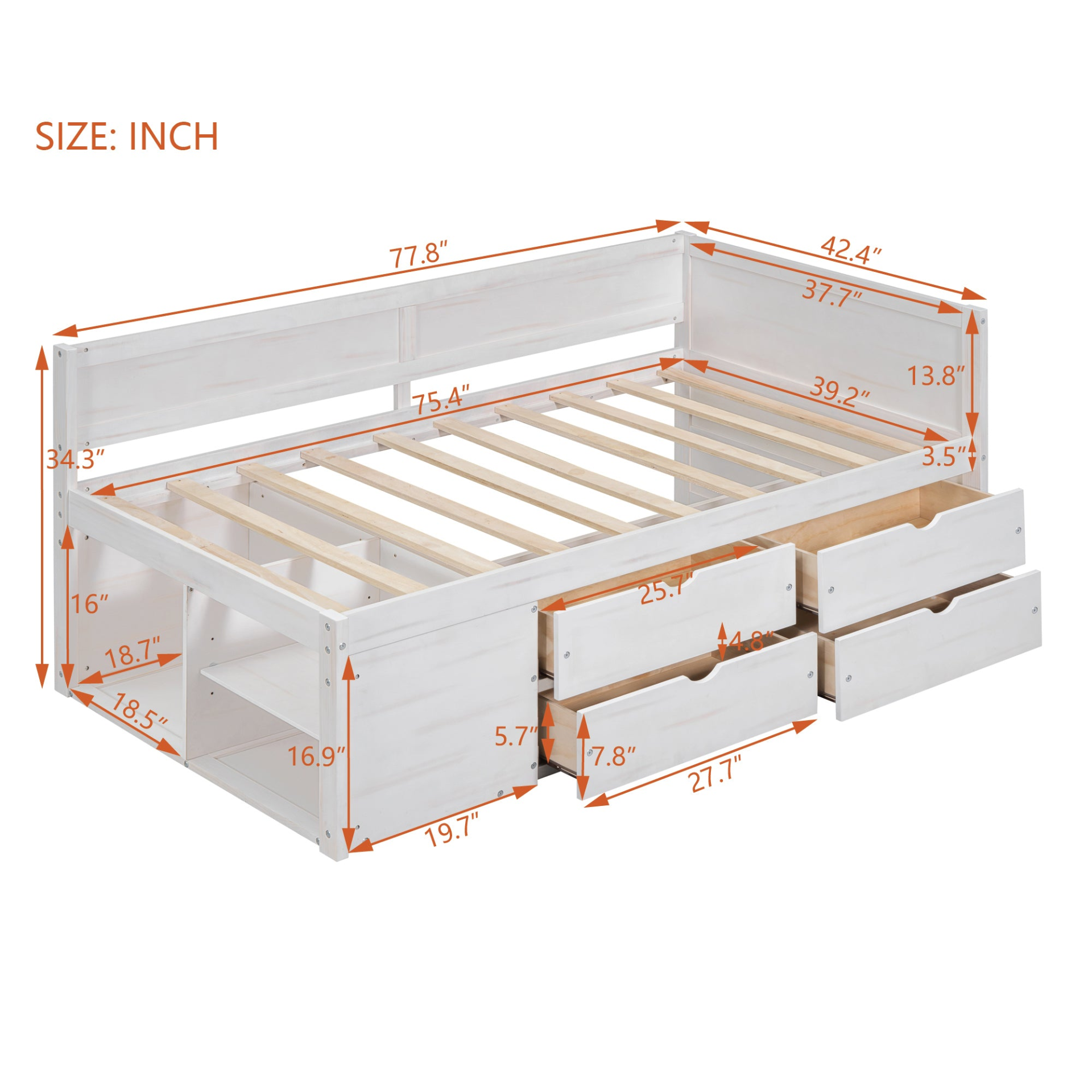 Twin size Start2Finish daybed with built-in drawers and shelves, featuring integrated storage and multi-level shelving.