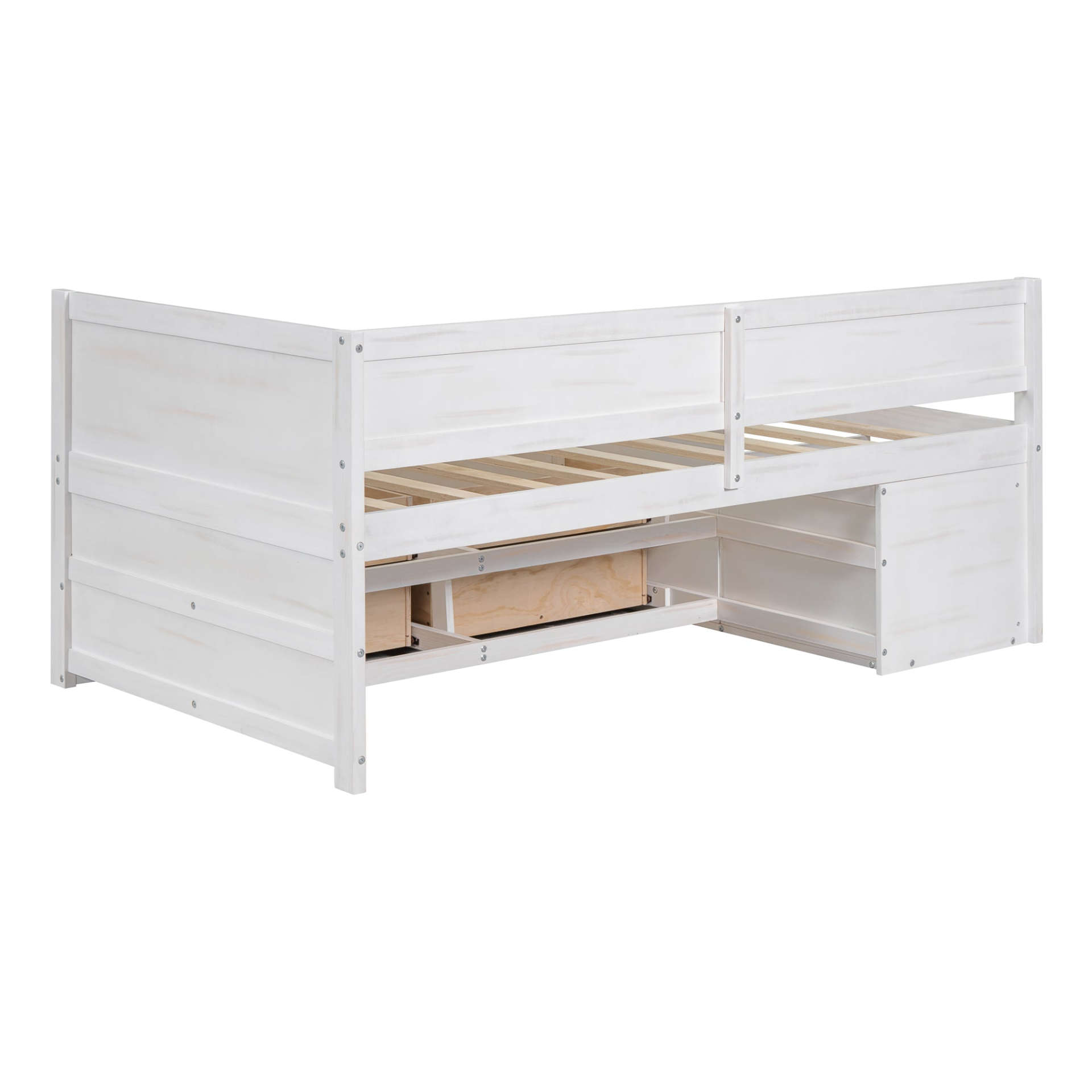 Twin size Start2Finish daybed with built-in storage drawers and shelves, showcasing its sleek design and functional features.