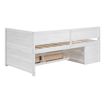 Twin size Start2Finish daybed with built-in storage drawers and shelves, showcasing its sleek design and functional features.