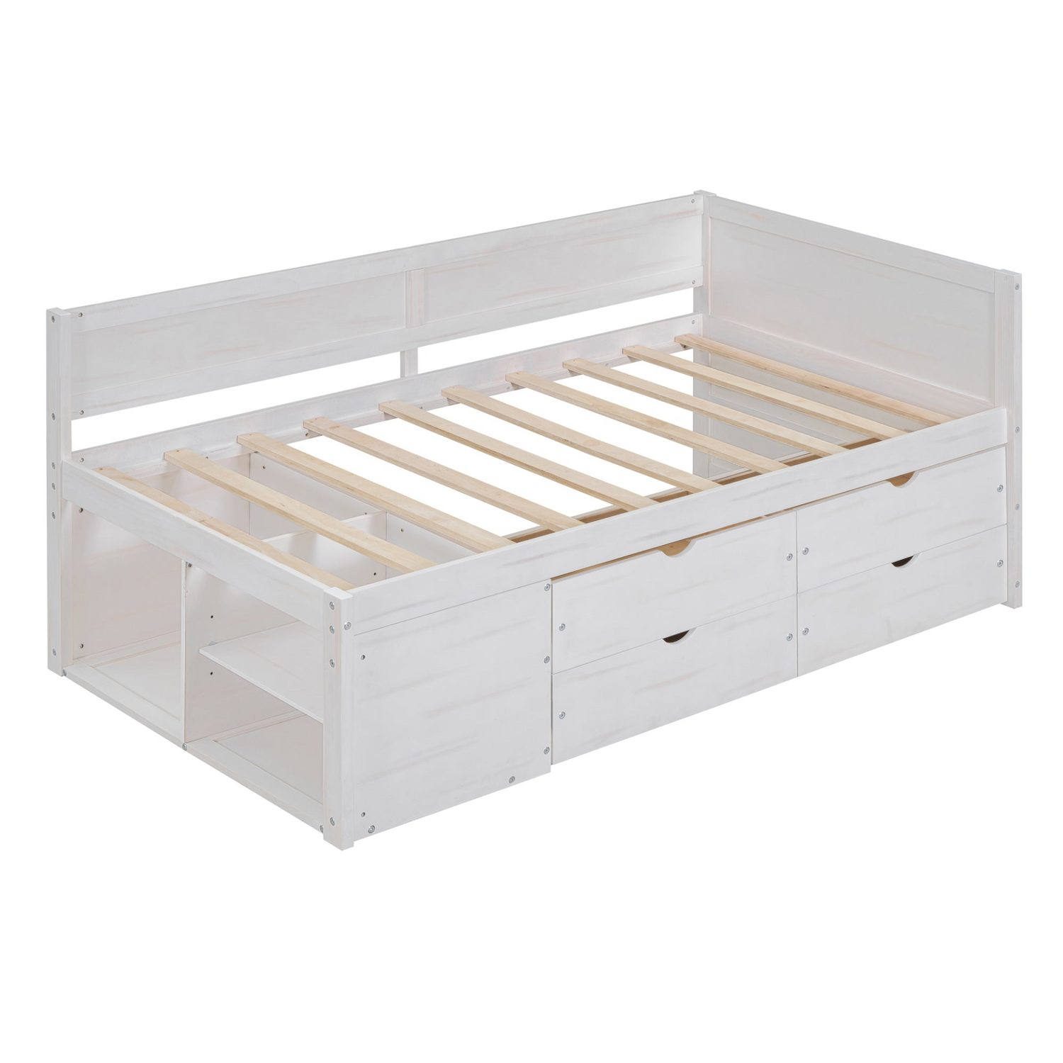 Start2Finish twin size daybed with built-in drawers and shelves, featuring ample storage and shelving for bedroom organization.