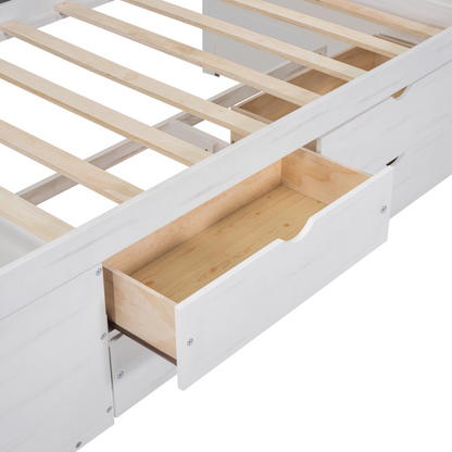 Twin size Start2Finish daybed with built-in drawers and shelves, featuring integrated storage and shelving for bedroom organization.