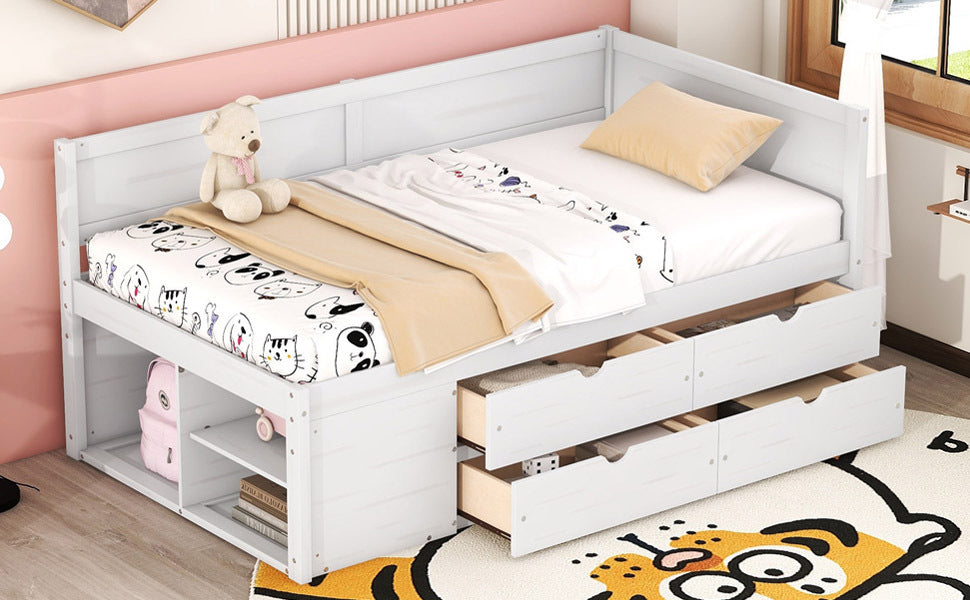 Start2Finish twin size daybed with built-in storage drawers and shelves, showcasing a sleek, modern design with ample storage space.