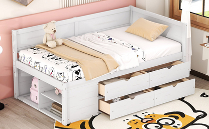 Start2Finish twin size daybed with built-in storage drawers and shelves, showcasing a sleek, modern design with ample storage space.