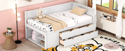 Twin size Start2Finish daybed with built-in drawers and shelves, featuring integrated storage and modern design.