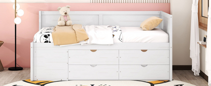 Twin size Start2Finish daybed with built-in drawers, shelves, and storage compartments in a modern design.