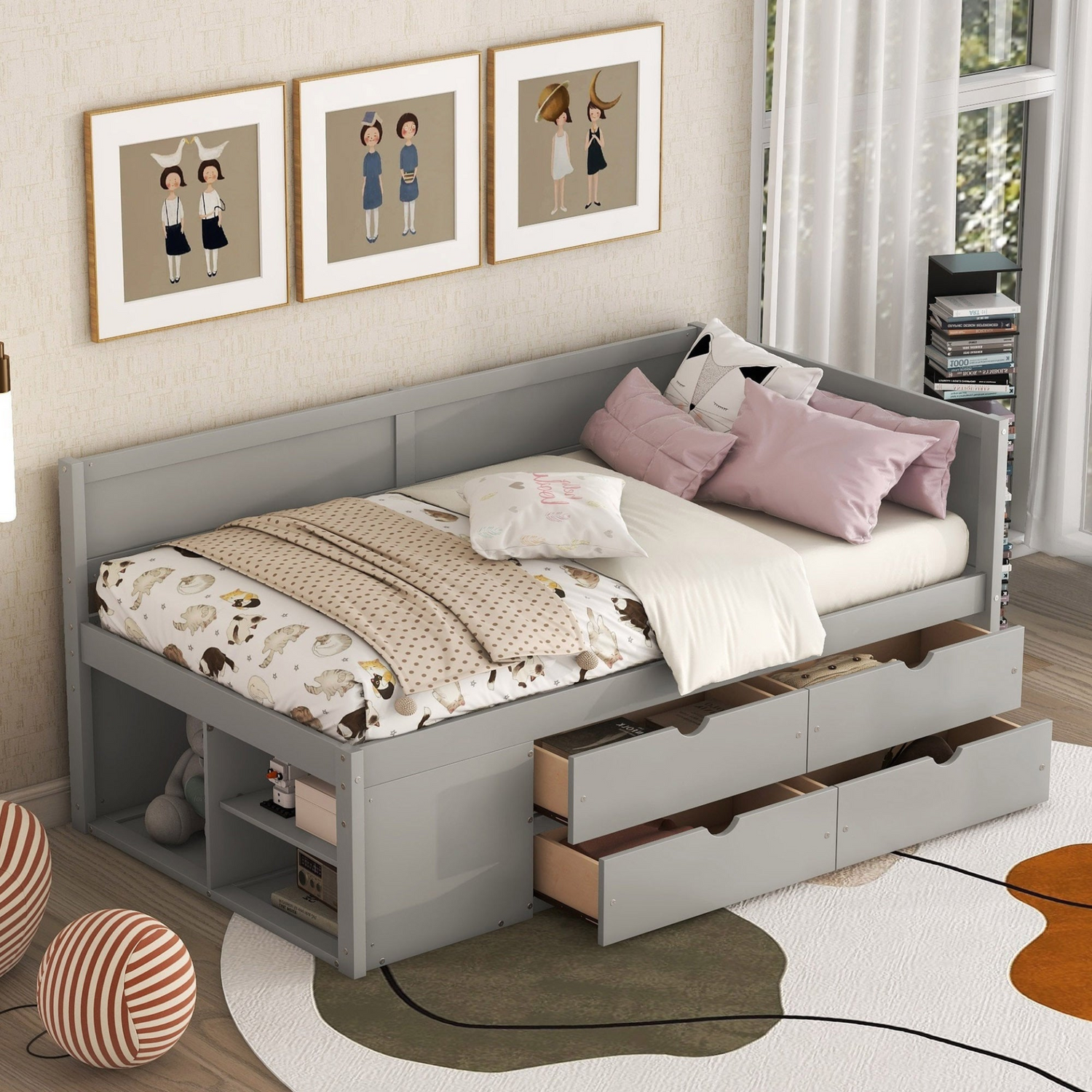 Twin size Start2Finish daybed with built-in drawers and shelves, featuring integrated storage and shelving for bedroom organization.
