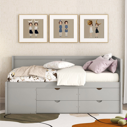 Start2Finish twin size daybed with built-in drawers and shelves, featuring integrated storage and modern design.