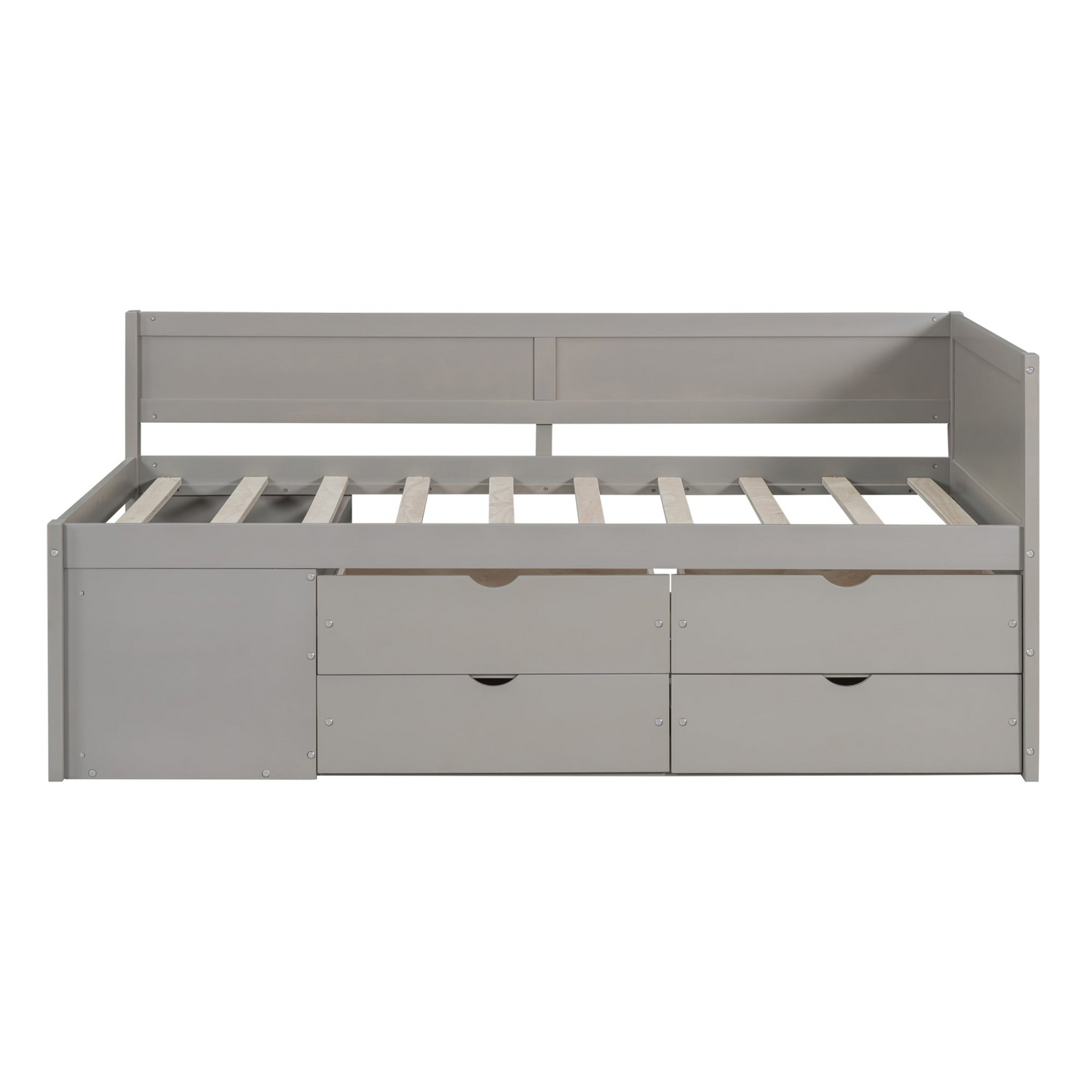 Twin size Start2Finish daybed with built-in drawers and shelves, featuring integrated storage and shelving for space-saving comfort.