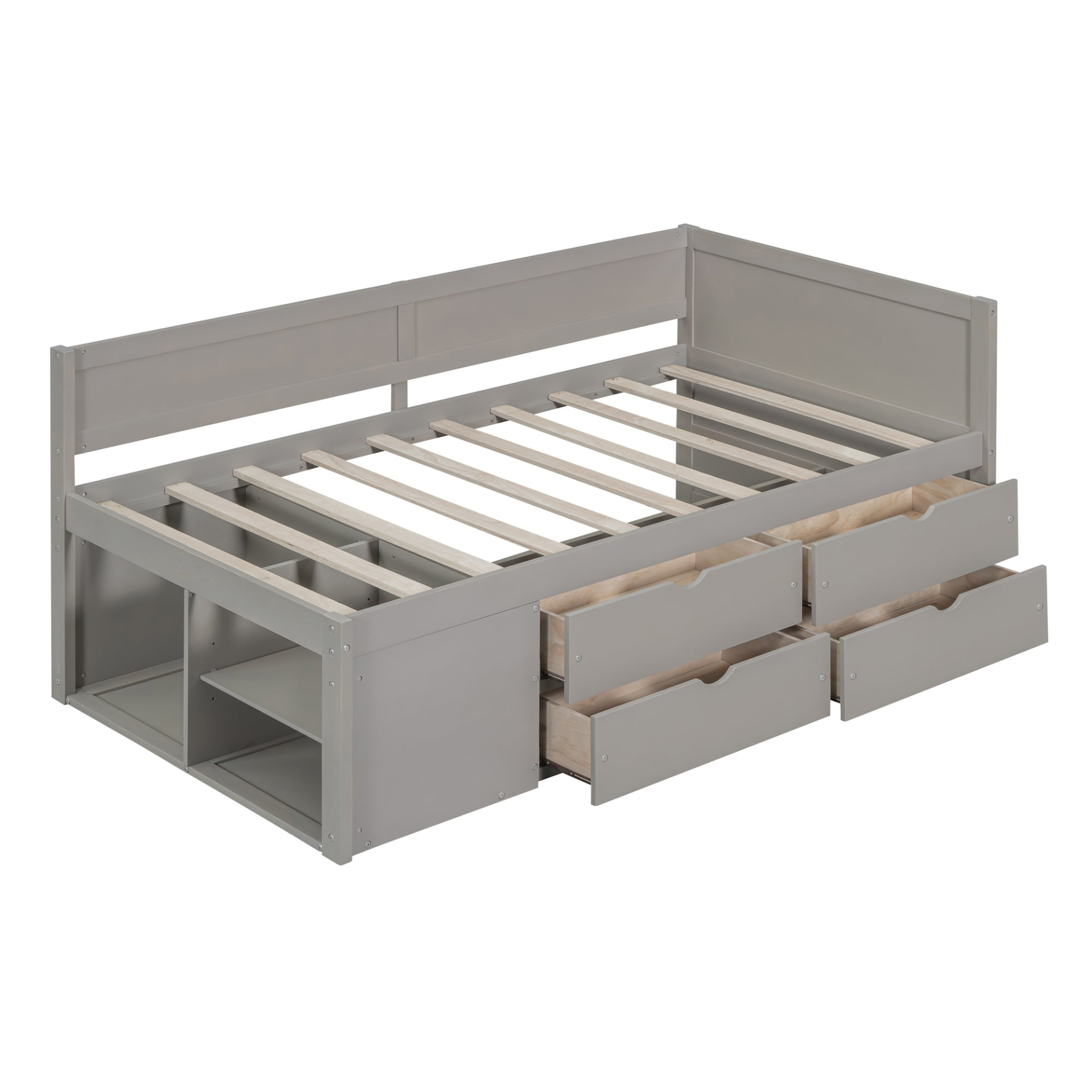 Twin size Start2Finish daybed with built-in drawers, shelves, and storage, shown with a cozy bedding setup and organized workspace.