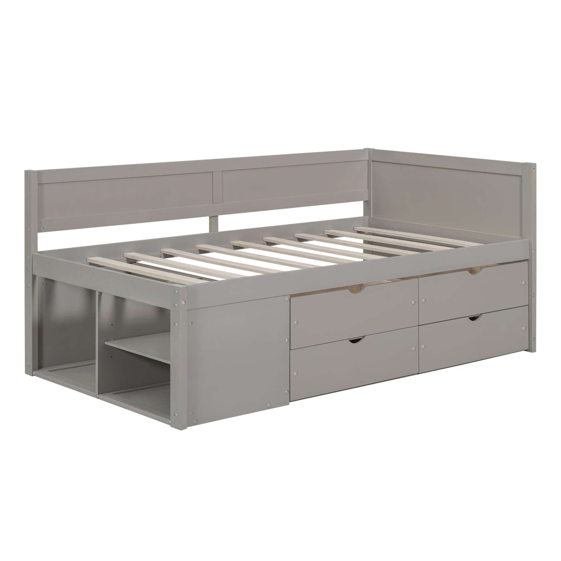 Twin size Start2Finish daybed with built-in drawers, shelves, and storage compartments in a modern bedroom setting.