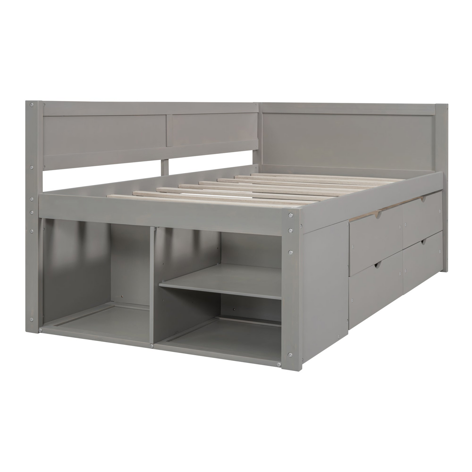 Twin size Start2Finish daybed with built-in storage drawers and shelves, showcasing the bed frame, drawers, and shelving unit.