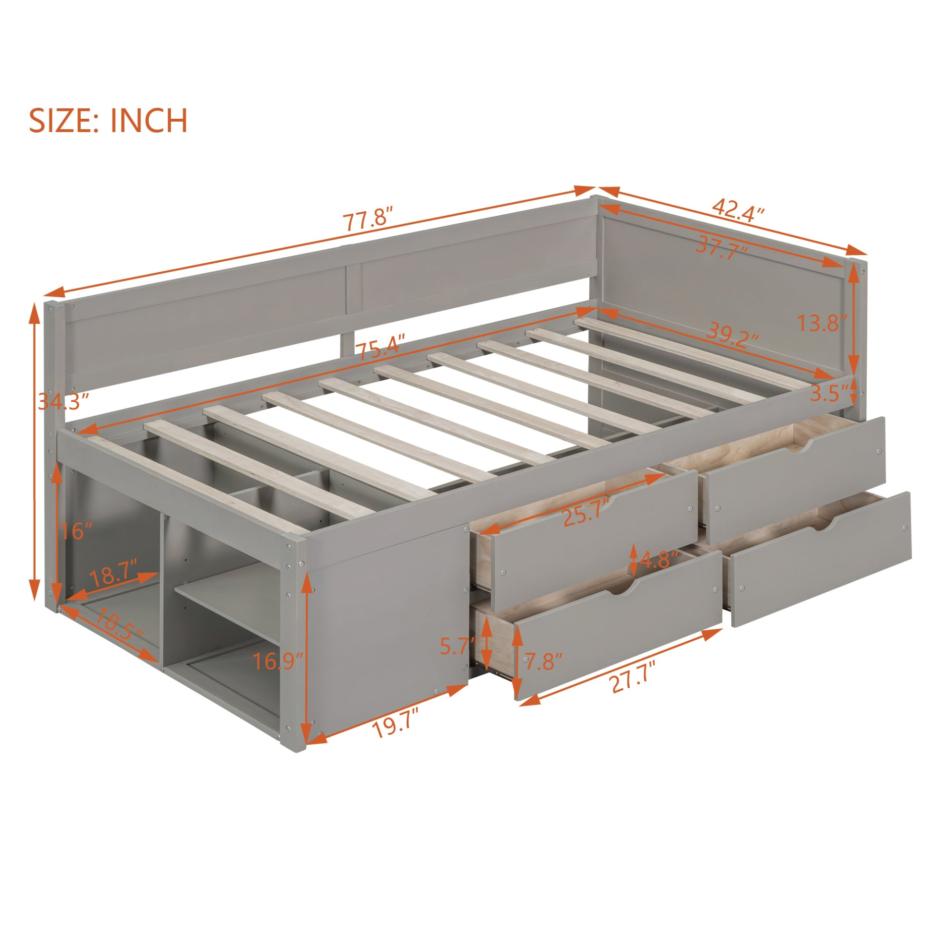 Twin size Start2Finish daybed with built-in drawers and shelves, featuring integrated storage and shelving in a modern design.