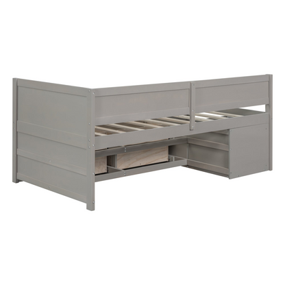 Twin size Start2Finish daybed with built-in drawers, shelves, and storage, featuring a modern design and integrated shelving.