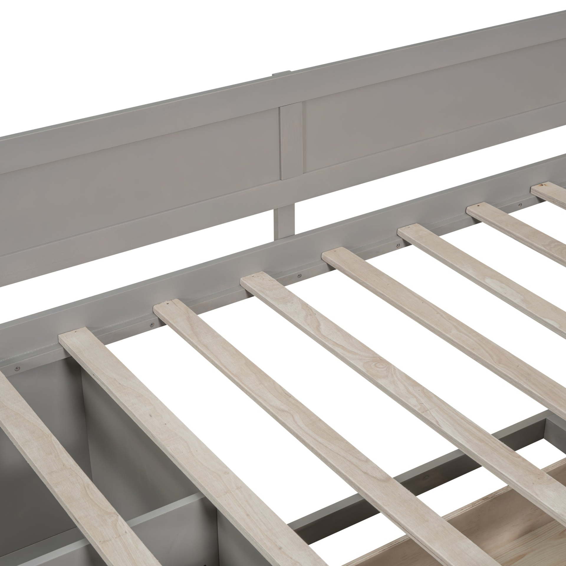 Twin size Start2Finish daybed with built-in drawers and shelves, featuring integrated storage and shelving for bedroom organization.