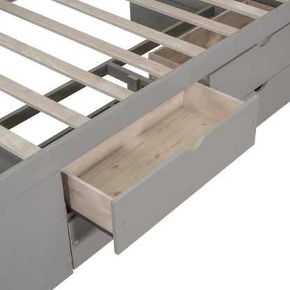 Twin size Start2Finish daybed with built-in drawers and shelves, showing the storage compartments and cozy sleeping area.