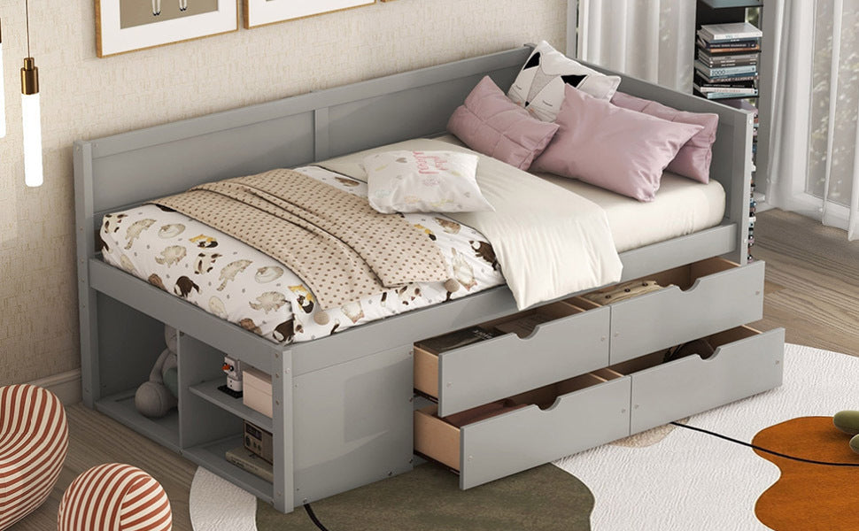 Start2Finish twin size daybed with built-in drawers and shelves, featuring integrated storage and shelving for bedroom organization.