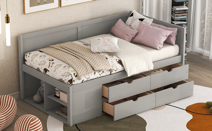 Start2Finish twin size daybed with built-in drawers and shelves, featuring integrated storage and shelving for bedroom organization.