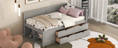 Twin size Start2Finish daybed with built-in drawers and shelves, showcasing storage compartments and cozy design.