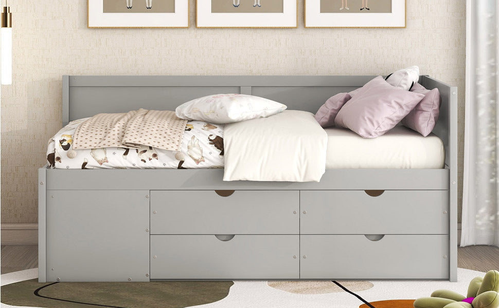 Twin size Start2Finish daybed with built-in drawers and shelves, featuring integrated storage and modern design.