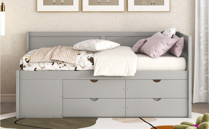 Twin size Start2Finish daybed with built-in drawers and shelves, featuring integrated storage and modern design.