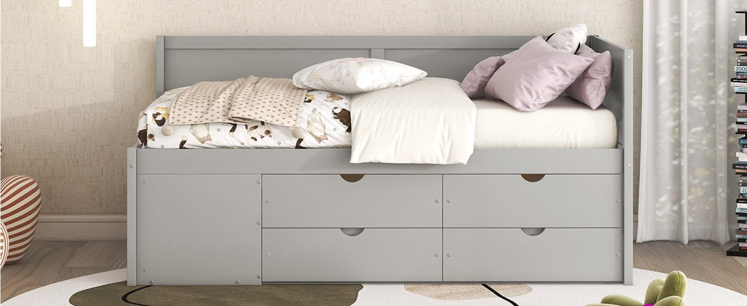 Twin size Start2Finish daybed with built-in drawers and shelves, featuring integrated storage and shelving units.