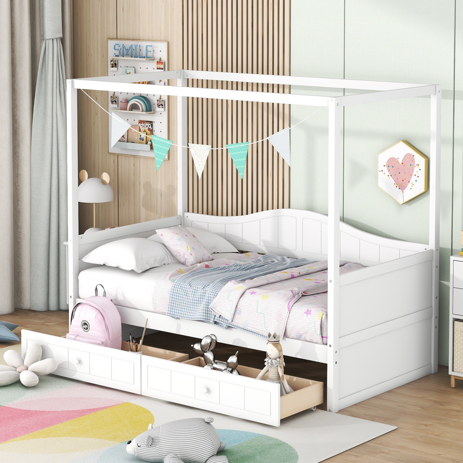 Start2Finish twin size canopy day bed with storage drawers, wooden bed frame with canopy for bedroom or guest room decor.