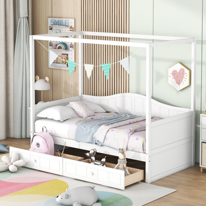 Start2Finish twin size canopy day bed with storage drawers, wooden bed frame with canopy for bedroom or guest room decor.