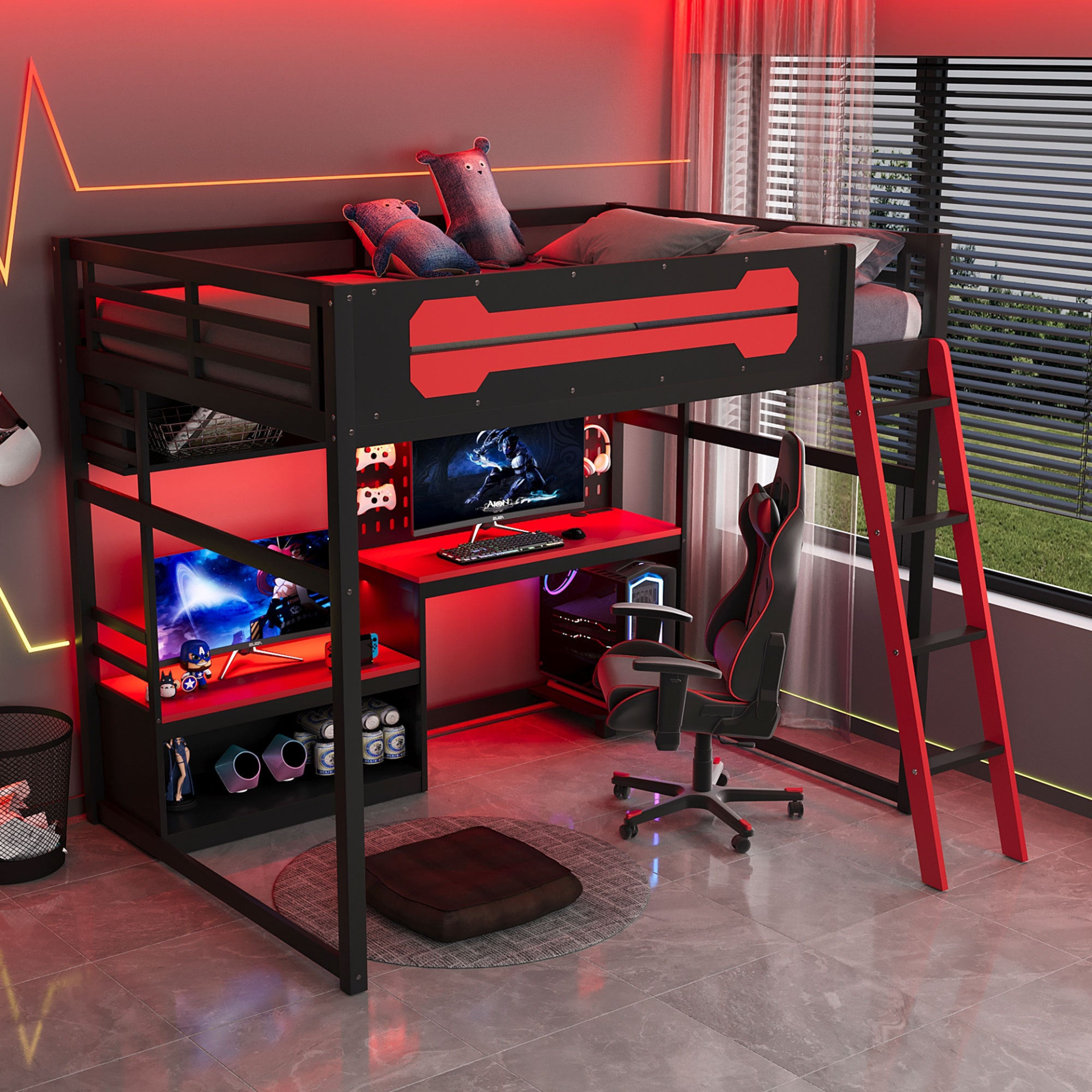 Full size wood loft bed by Start2Finish with desk, shelves, LED lights, USB ports, and pegboard in a modern bedroom setup.