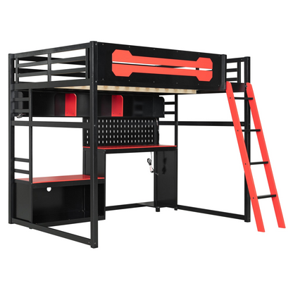 Full size wood loft bed by Start2Finish with integrated desk, shelves, LED lights, USB ports, and pegboard for workspace and storage.