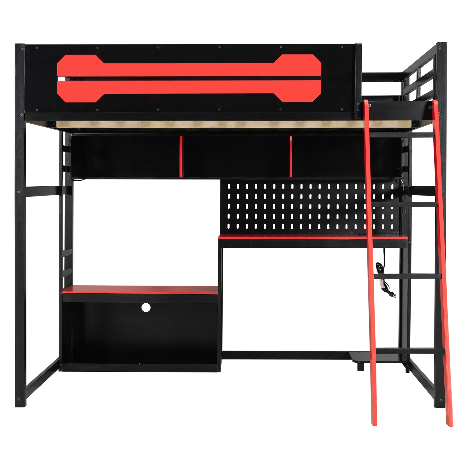Full size wood loft bed by Start2Finish with integrated desk, shelves, LED lights, USB ports, and pegboard in a modern bedroom setup