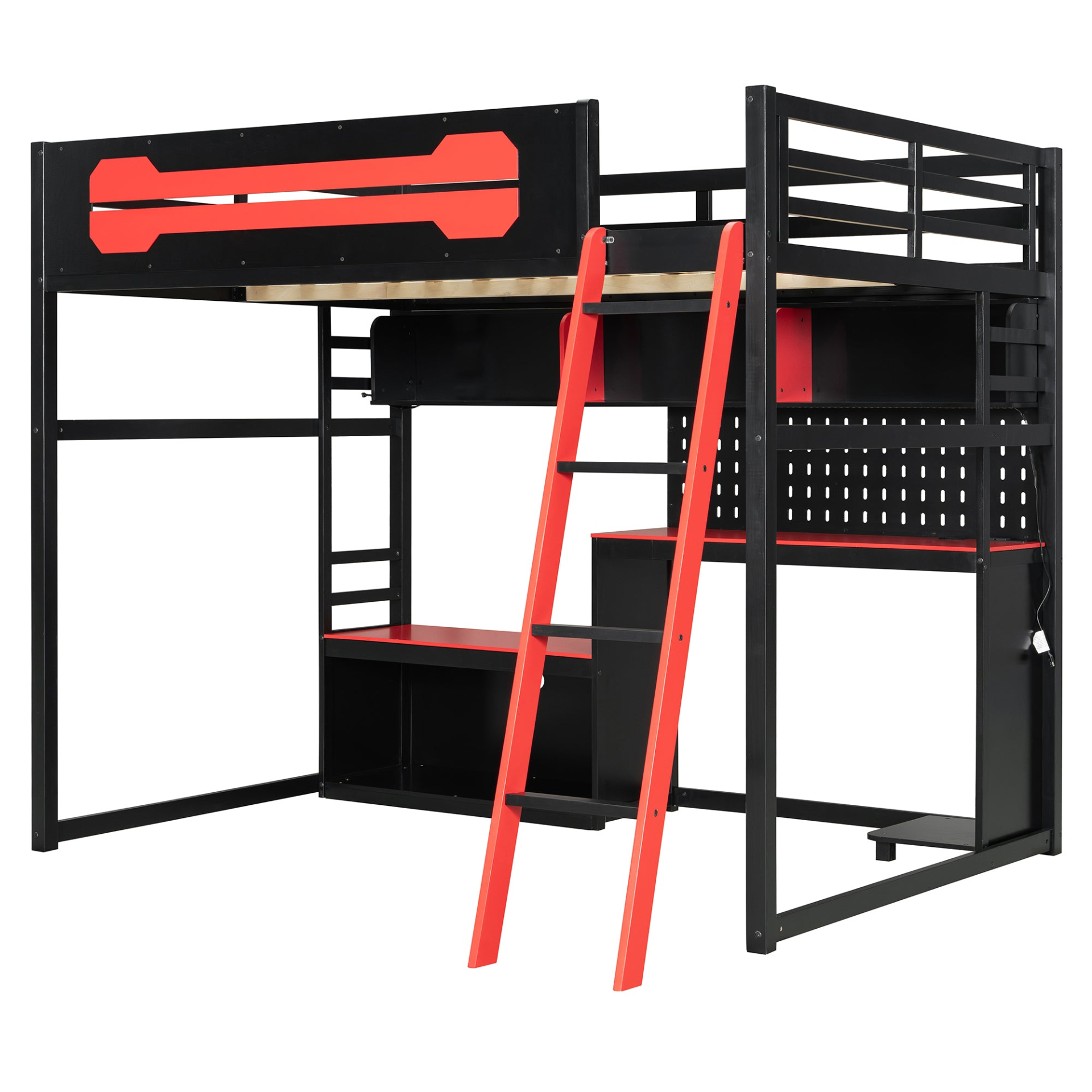 Full size wooden loft bed with desk, shelves, LED lights, USB ports, and pegboard by Start2Finish in a modern bedroom setup.