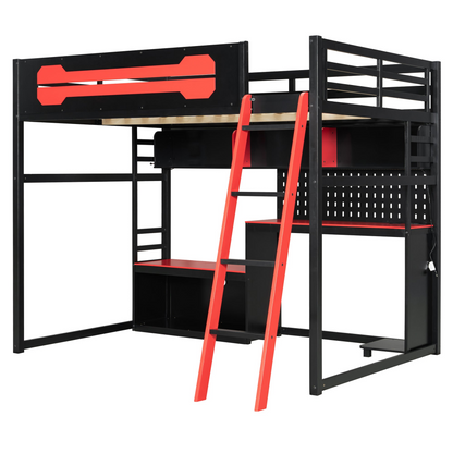 Full size wooden loft bed with desk, shelves, LED lights, USB ports, and pegboard by Start2Finish in a modern bedroom setup.