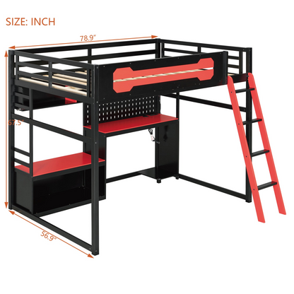 Full size wood loft bed by Start2Finish with built-in desk, shelves, LED lights, USB ports, and pegboard for versatile bedroom use.