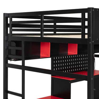 Start2Finish full size wood loft bed with desk, shelves, LED lights, USB ports, and pegboard in a modern bedroom setup.